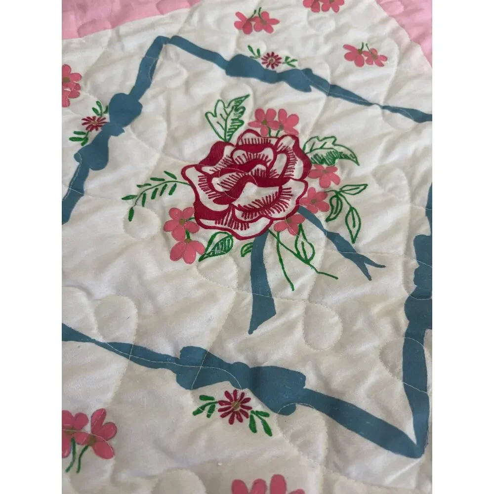 Vintage Hand Painted Floral Quilt Prairie Point Edge Cottagecore Queen 92 x 90
